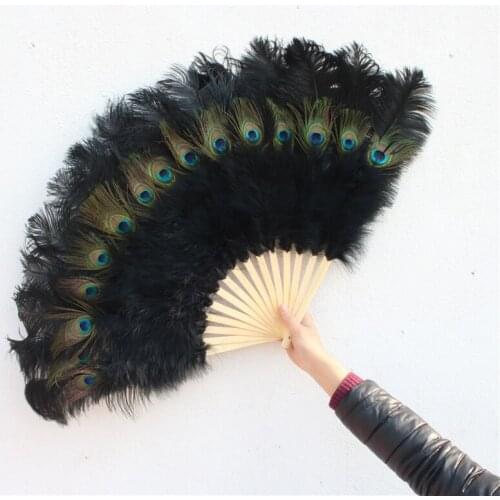 1pcs/lot High Quality Black Ostrich Feathers Fan Celebration Party Wedding Dance Performance Props 15 Bone Peacock Feathers Fan