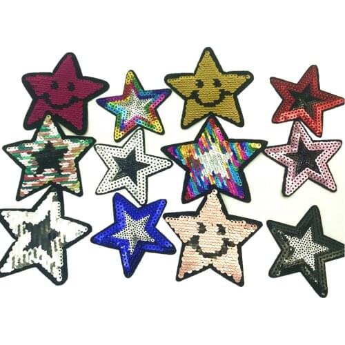 12pcs 7.5cm 9cm Sequined Star Patch Iron On Sew On Smile Stickers Sewing Patches for Clothes Jeans Appliques DIY Coats