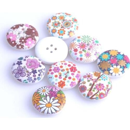 20mm 4 Holes Mixed Flower Round Natural Wooden Decorative Buttons For Sewing Scrapbooking Crafts 100pcs MT0083