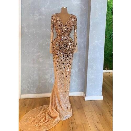 2021 Sparkly Crystal Beaded Long Sleeves Mermaid Women Evening Dresses Luxury Gold Prom Dress Formal Party Pageant Gown