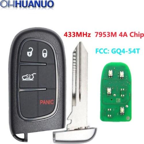 3+1 button Smart Remote Key Fob 433MHz 7953M 4A Chip FCC: GQ4-54T for Jeep Cherokee RAM 1500 2500 3500 With Uncut Blade