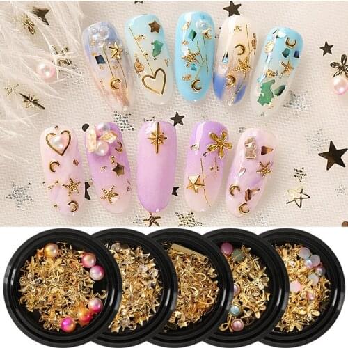 3D Charm Nails Moon Stars Pearl Stones Rivet Manicure Metal Mix Rhinestones False Nails UV Gel Polish Candy Bead Design Studs