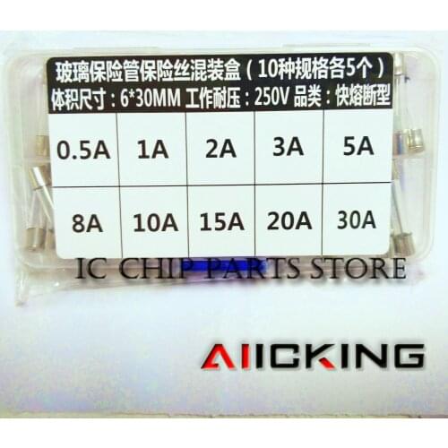 50PCS 6x30mm 250V glass tube fuse mixed set 0.5A 1A 2A 3A 5A 8A 10A 15A 20A 30A / 10*5pcs fuse mixed classification packaging