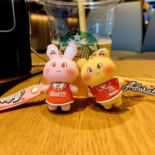 Cartoon Bear Bunny Rabbits Animal Cherry Keychain Keyring Rubber wristband Anime Lovely Girl Accessories Key Chains Pendant D764