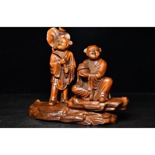 Home Decor 8" China Collection Old Boxwood Hehe Two Immortals Implication harmonious family Happy marriage