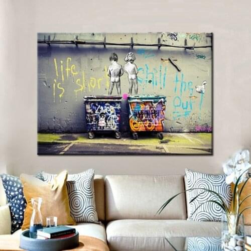 Graffiti Street Art Two Nude Naughty Kids Canvas Painting Posters and Prints Wall Art for Living Room Home Decor (No Frame)