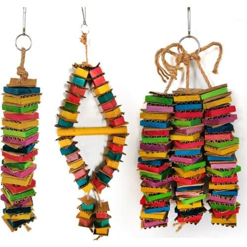 Bird Parrot Toys Building Blocks Chewing Bite Hanging Cage Swing Climb Chew Toys, Natural Wooden Square Cardboard