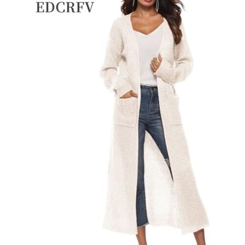 Womens Long Sleeve Open Front Cardigan Maxi Long Side Split Solid Color Knitted Sweater Irregular Slim Coat with Large Pockets