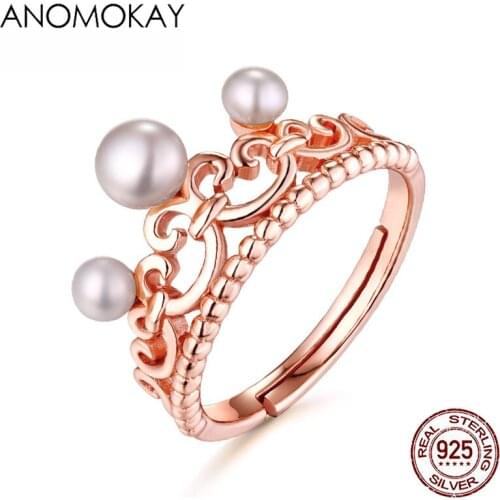 Anomokay Trendy Japanese & Korean Hollow Flower Crown Rose Gold Rings for Women Mom Lovers Fine Pearl 925 Silver Resizable Ring