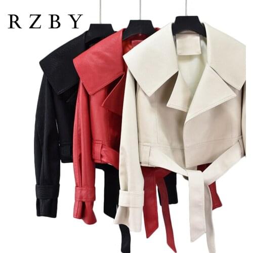 Winter And Autumn New Female Short Black Red Big Turndown Collar Belt Soft Loose Motorcycle Punk Faux PU Leather Jacket