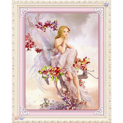 Needlework,DIY Ribbon Cross stitch Sets for Embroidery kit,Fairy girl wings flower ribbon Cross-Stitch handwork wedding kit