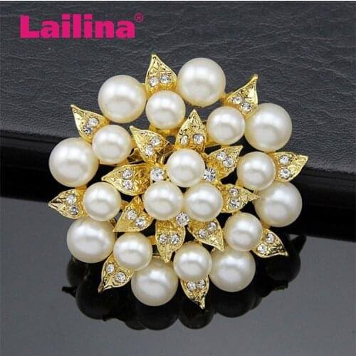 Charming Classic Bridal Silver Flower Leaf Rhinestone Crystal Imitation Pearl Brooch Pins