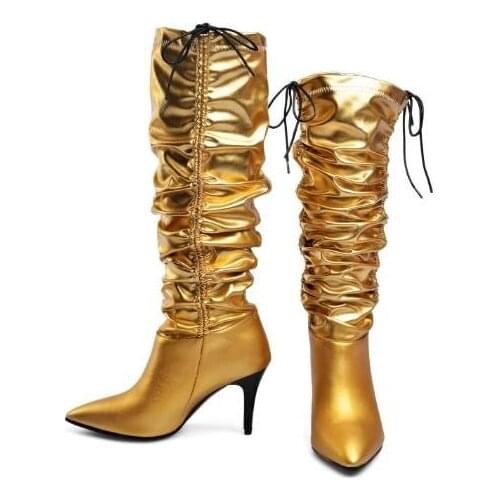 Pointed Toe Solid Black White Gold Sliver Woman Fold Lace Up Knee High Thin Heels Boots Cheap Drop Shipping Long Boots Lady