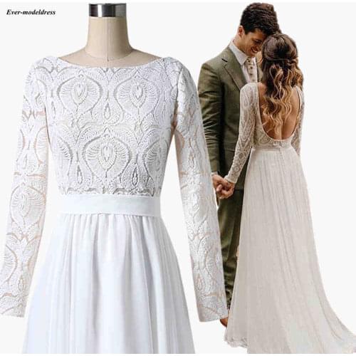 New Boho Wedding Dresses Long Sleeves Lace Top Open Back Chiffon Dress Summer Beach Backless Simple Bride Gowns Robe De Mariee