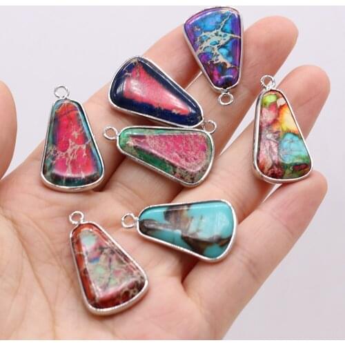 Natural Semi-precious Stone Pendant Irregular Silver Plated Edge Emperor Stone 17x30mm for Jewelry Making Necklaces Gift