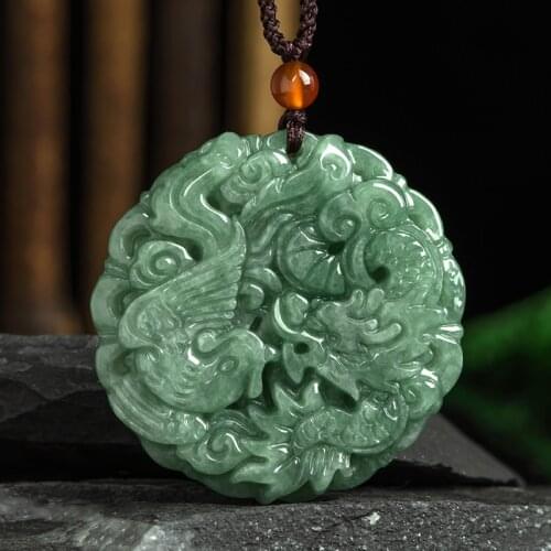 Certificate Natural Emerald Dragon Phoenix Pendant Necklace Hand-Carved Chinese Charm Jadeite Jewelry Gifts Women Sweater Chain