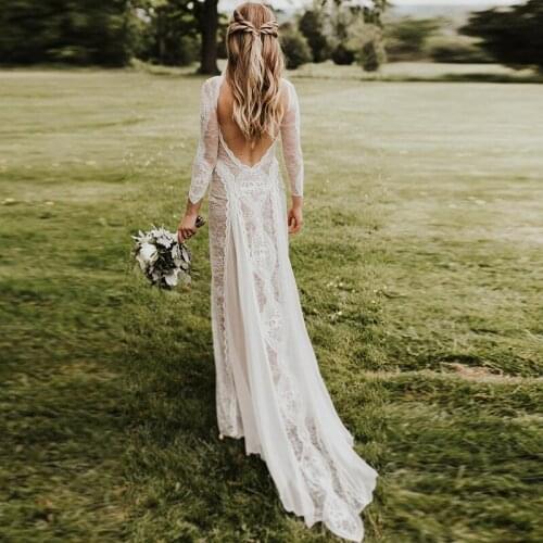 Long Sleeves Wedding Dresses Boho 2020 Exquisite Lace Backless Chic Wedding Dress Bridal Gowns Robe De Mariage
