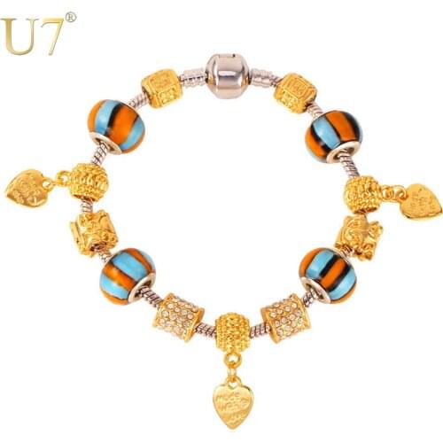 U7 European Bracelet Gold Color Rhinestone Bead Jewelry Wholesale Romantic Women Gift Heart Charm Bracelet H621