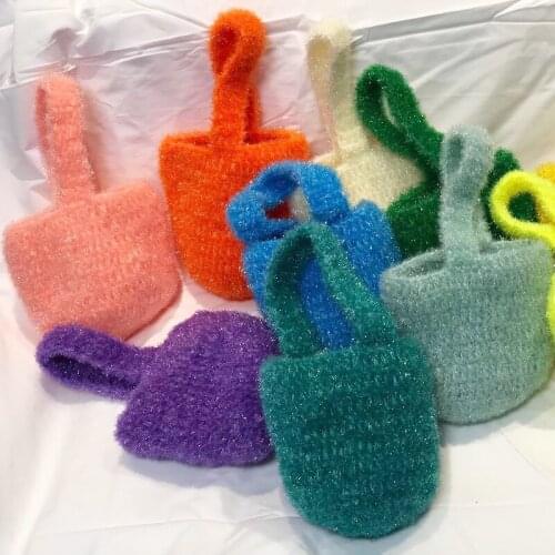 Vintage Fashion Plush Bucket Bag for Women 2021 Woven Small Shopping Totes Bright Silk Solid Color Female Clutch Casual Handbags