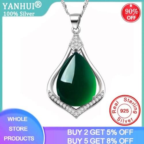 YANHUI Simulated Nano Emerald Pendant Necklace 925 Sterling Silver Chalcedony Gemstone Heart Choker Statement Necklace For Women