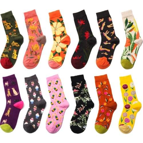 Cartoon Flowers Plants Colorful Skate Harajuku Funny Cute Socks Women Kawaii Korean Street Hip Hop Hipster Vintage Autumn Winter