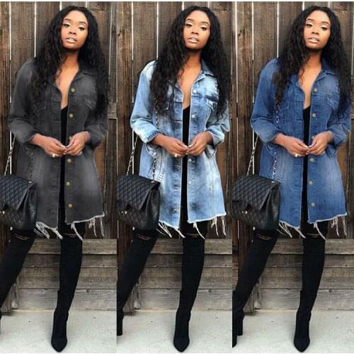FNOCE 2020 autumn womens ripped denim jackets street fashion casual long sleeve hole hollow out slim elegant long coat jackets