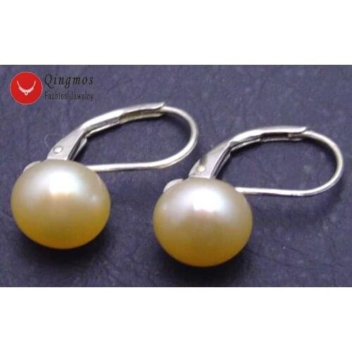Qingmos Natural Pink Pearl Earrings for Women with 10-11mm Flat Round Freshwater Pearl & Stering Silver 925 Leverback Earring