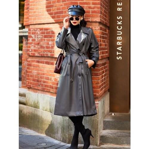 Leather Jacket Limited Jaqueta Couro Feminina Womens Leather Trench Coat Pu 2020 New Double-breasted V-neck Long High Street