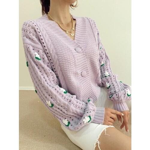 Woman Knit Floral Cardigan - Lilac - Vest - Vintage - Dress