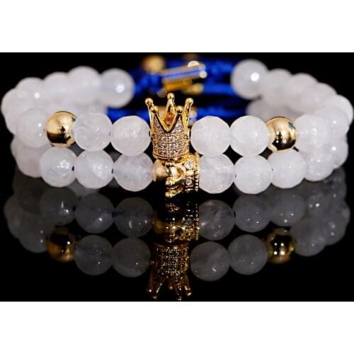 2020 Fashion White Crystal Beads CZ Crown&Queen Couple Jewelry Men Handmade Charm Macrame Bracelet Dropshipping