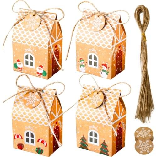 4sets Christmas House Gift Box Kraft Paper Candy Box Santa Claus Snowman Xmas Tree Packaging Bags with Snowflake Tags Hemp Rope