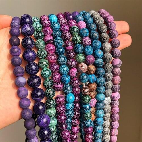 6 8 10 mm 15 inches Natural Stone Mixed color Frosted Cracked Fire Dragon Veins Agate Beads For Jewelry Making DIY Bracelet