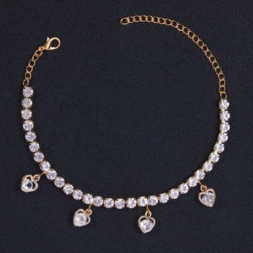 Full Rhinestone Geometric Love Heart Anklet for Women Iced Out Chain Ankle Bracelets on Leg Beach Barefoot Foot Jewelry Gift