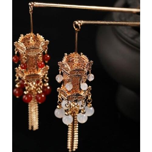 Ancient Pavilions Palace Lanterns Hair Stick Oriental Charms DIY Tassel Wedding Hair Hanfu Tiara Head Jewelry Accessories Gift