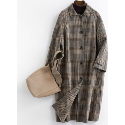 Double face woolen women new fashion plaid long overcoat doll collar drop-shoulder beige 2colors EU size S/M/L