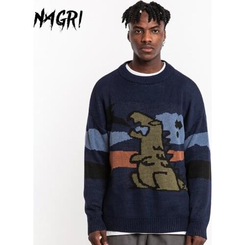 Men Hip Hop Sweater Cartoon Dinosaur Casual Loose Knitted Pullover Autumn Winter Knitted Mens Sweater Couple Unisex Design