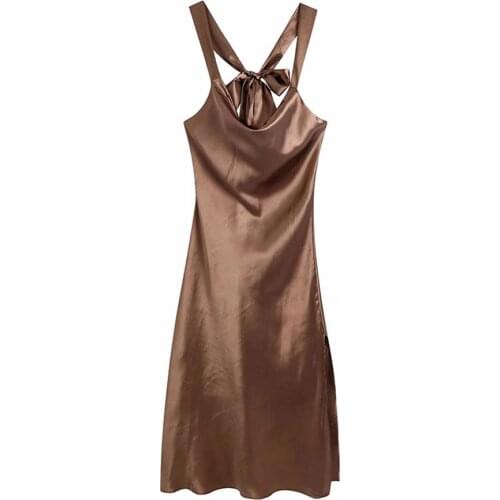 Nlzgmsj Za Women 2021 Sexy Sleeveless Khaki Solid Strappy Satin Party Dresses Summer Satin Halter Midi Dress Women 202106