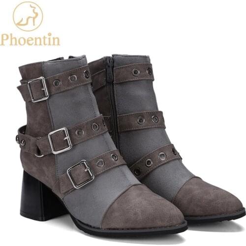 Phoentin zipper punk boots woman ankle strap patchwork narrow band female winter boots hoof heels 6cm women shoes winter FT226