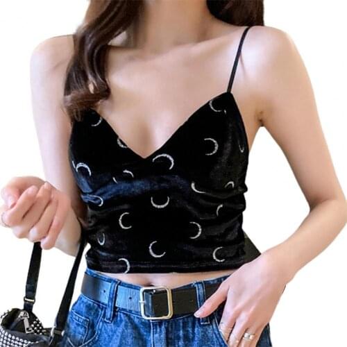 Sexy Women Vest Printing Backless Deep V Neck Women Moon Printing Sleeveless Navel Exposed Top Night Club Streetwear Party