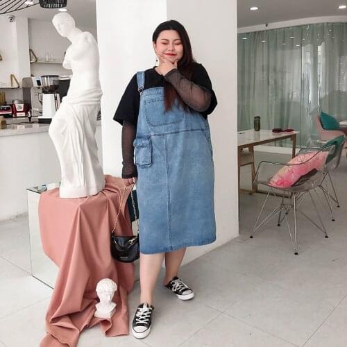 5xl plus size summer dress elegant vestido sleeveless overalls denim dress women loose casual jeans office midi long dress FC396