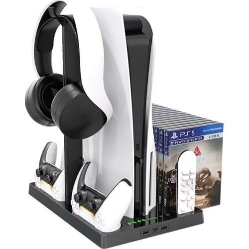 Cooling fan stand for PlayStation 5 console and PlayStation 5 Digital Edition console, dual controller charging station for PS5