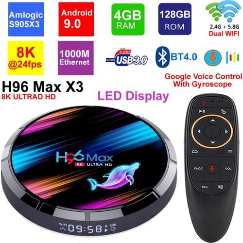 H96 MAX X3 8K Smart TV BOX Android 9.0 Amlogic S905X3 4GB RAM 128GB 5G Wifi BT4.0 1000M Ethernet USB3.0 H.265 HDR 8K Set Top Box