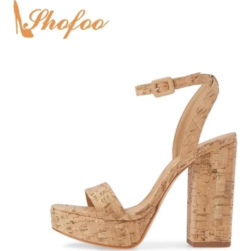 Cork Super High Chunky Heels Sandals Platform Women Ankle Strap Ladies Sexy Shoes Casual Mature Concise Large Size 14 16 Shofoo