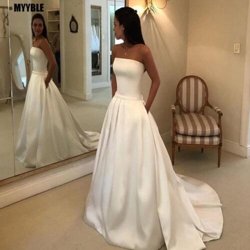Simple Boho A-line Wedding Dresses 2021 Strapless Satin Draped Bridal Dress Bow Sashes Vestidos De Noiva Bride Dresses Cheapest