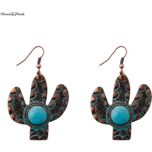 Banny Pink New Hope Cactus Dangle Earrings For Women Wild Free Stone Drop Earrings Ethnic Metal Carved Tribal Earrings Brincos