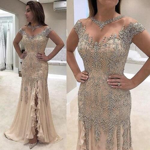2019 Luxury Beaded Mermaid Evening Party Dresses Sheer Cap Sleeves Chiffon Split Prom Gowns Formal Dress Evening Party Gowns