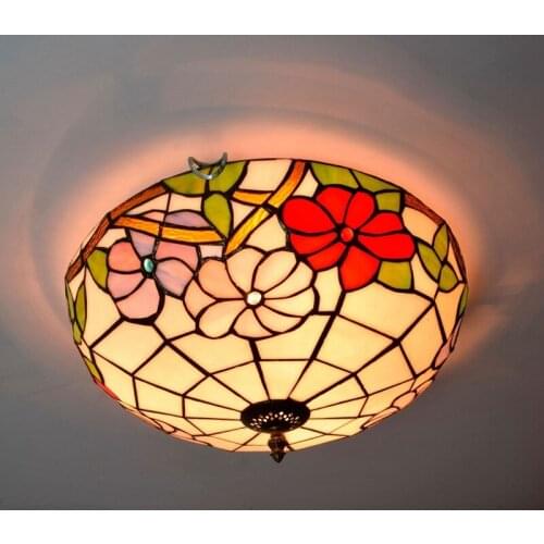 Mediterranean Tiffany Baroque Style Blue Stained Glass Pastoral Round Art LED Ceiling Light for Bedroom Aisle Light Fixture