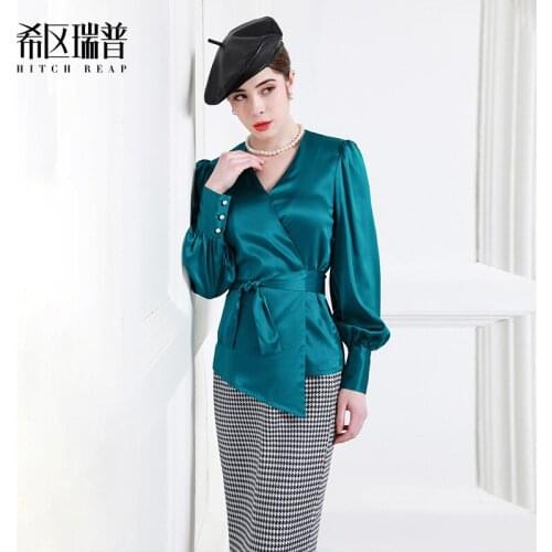 High End Heavy Weight Satin Silk Shirt Femininity V-Neck Waist Shirt Fashion European Long Sleeve Summer