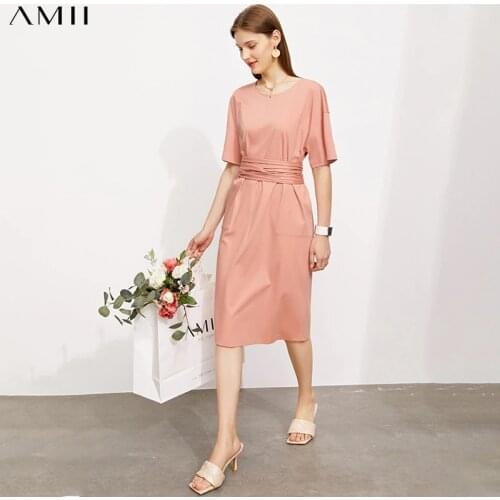 Amii Minimalism Womens Summer Dress Offical Lady Solid 100%cotton Oneck Aline Womens Shirt Dress Causal Womens Dress 12140563