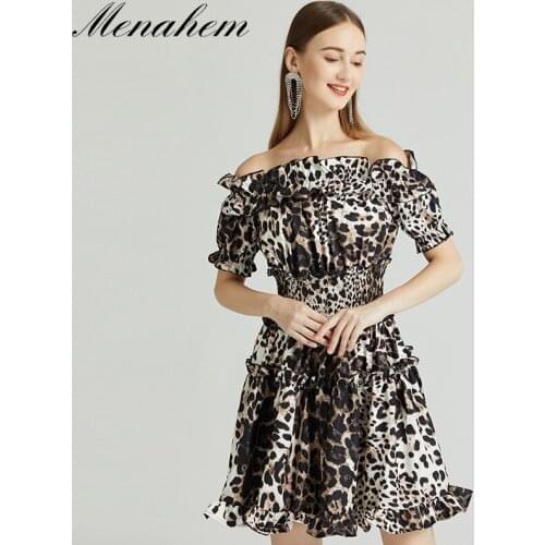 Menahem Sexy Leopard Print Off Shoulder Slash Neck Mini Dress Women Ruffles Elastic High Waist Short-Sleeved Runway Vestidos